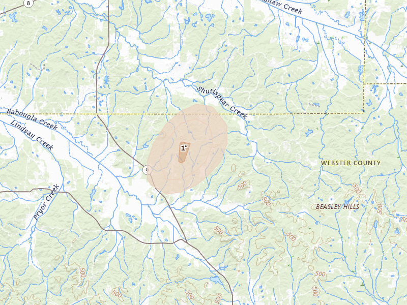 Radar-estimated hail-size map of the storm over Eupora, MS on Aug 7, 2026