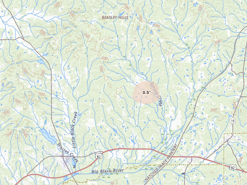 Radar-estimated hail-size map of the storm over Eupora, MS on Aug 9, 2026
