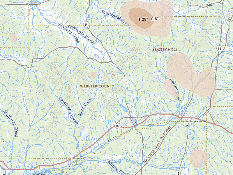 Radar-estimated hail-size map of the storm over Eupora, MS on Aug 19, 2026