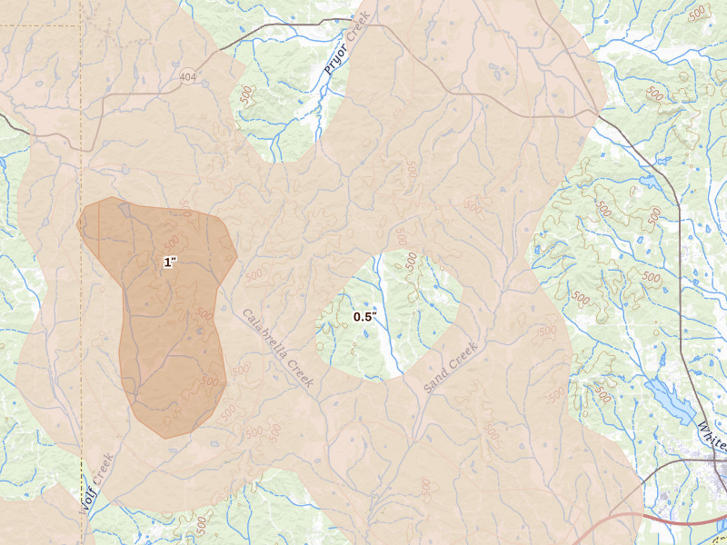 Radar-estimated hail-size map of the storm over Eupora, MS on Aug 20, 2026