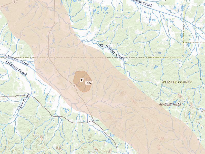 Radar-estimated hail-size map of the storm over Eupora, MS on Aug 22, 2026
