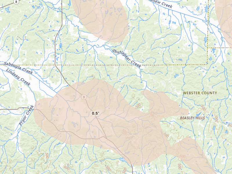 Radar-estimated hail-size map of the storm over Eupora, MS on Aug 26, 2026