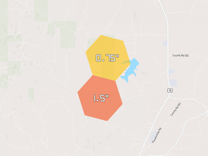 Hail map of Falkner, MS on Jul 1, 2026, hail up to 1.5"