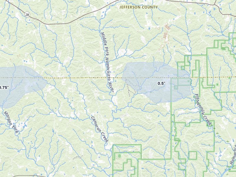 NEXRAD radar-signature map of the hail storm over Fayette, MS on Mar 15, 2026