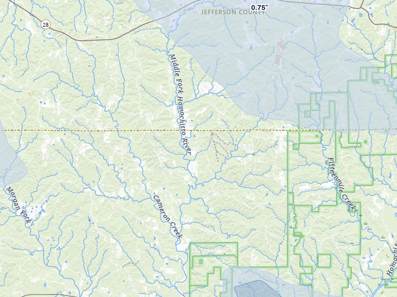 NEXRAD radar-signature map of the hail storm over Fayette, MS on Apr 25, 2026