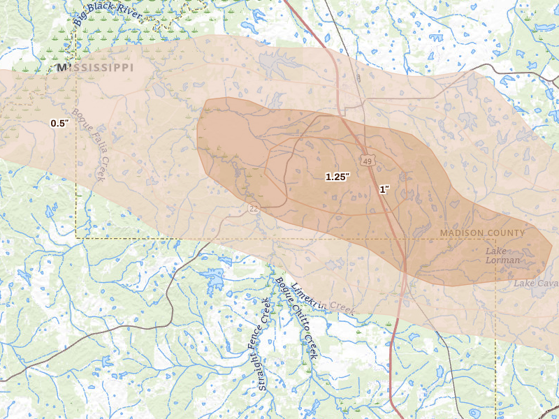 Radar-estimated hail-size map of the storm over Flora, MS on Apr 24, 2026