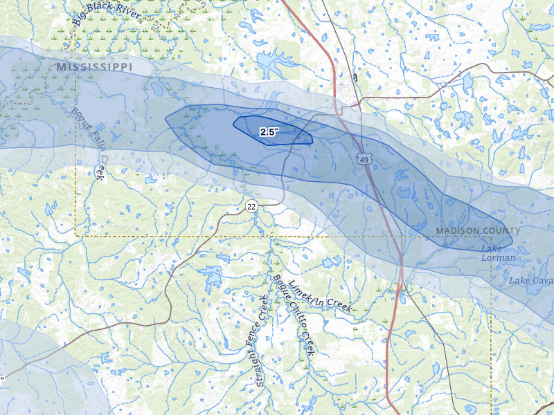 NEXRAD radar-signature map of the hail storm over Flora, MS on Apr 24, 2026