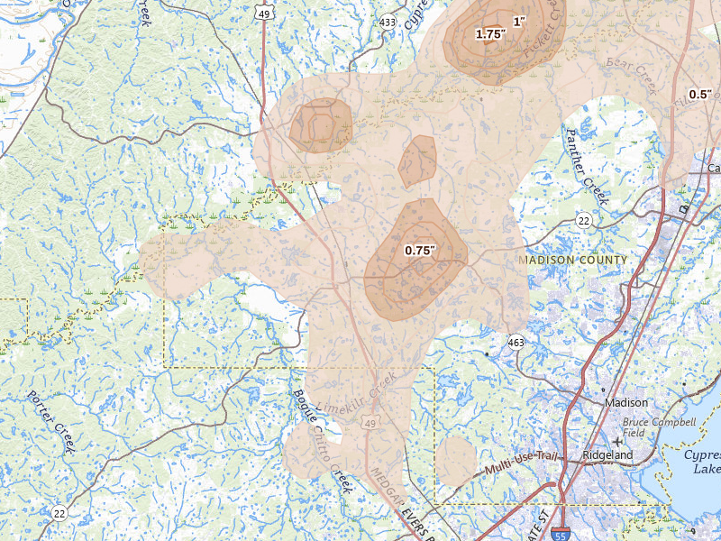 Radar-estimated hail-size map of the storm over Flora, MS on Aug 20, 2026