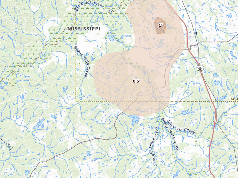 Radar-estimated hail-size map of the storm over Flora, MS