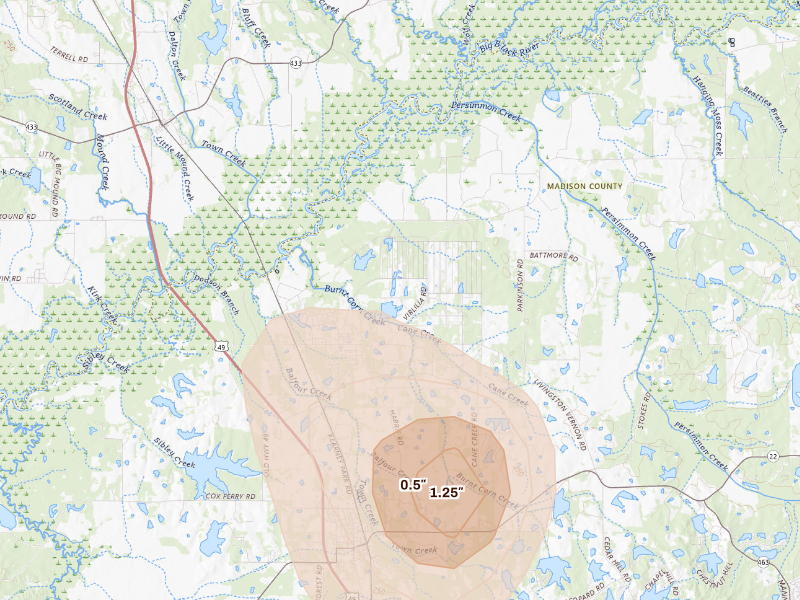 Radar-estimated hail-size map of the storm over Flora, MS