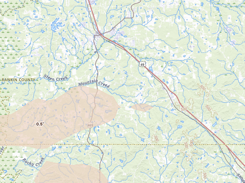 Radar-estimated hail-size map of the storm over Florence, MS on Apr 24, 2026