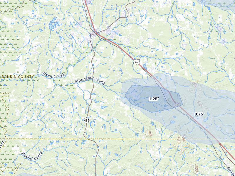 NEXRAD radar-signature map of the hail over Florence, MS