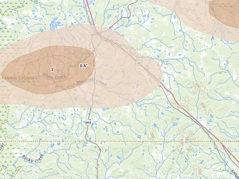 Radar-estimated hail-size map of the storm over Florence, MS on Apr 29, 2026