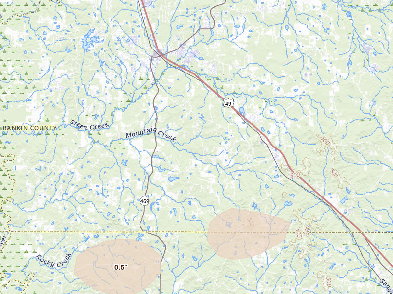 Radar-estimated hail-size map of the storm over Florence, MS on May 6, 2026