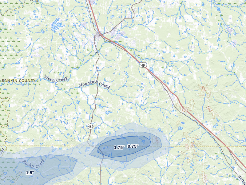 NEXRAD radar-signature map of the hail storm over Florence, MS on May 6, 2026