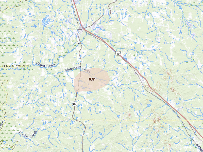 Radar-estimated hail-size map of the storm over Florence, MS on May 31, 2026