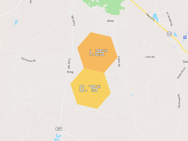 Hail map of Florence, MS on Jun 1, 2026, hail up to 1.25"