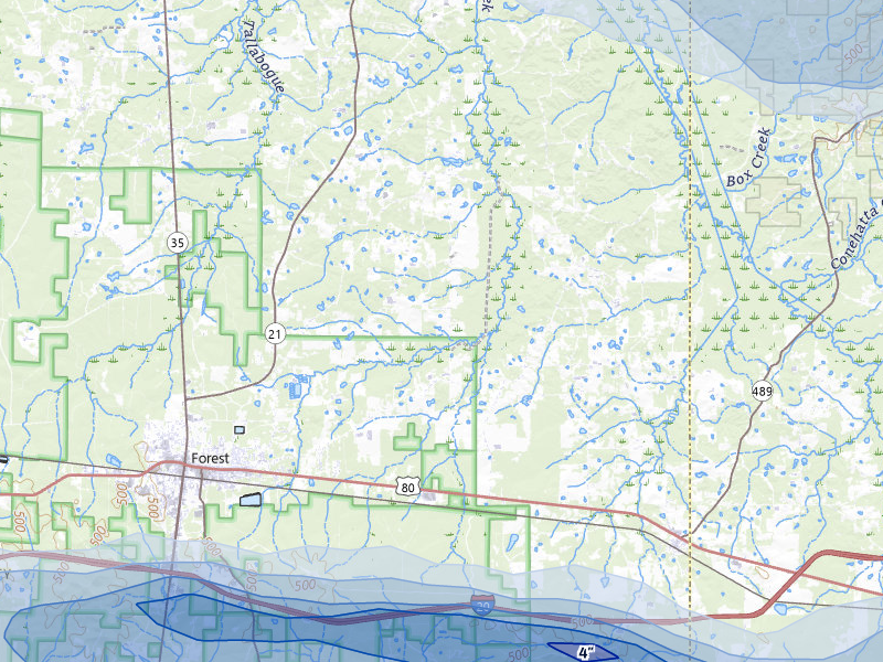 NEXRAD radar-signature map of the hail over Forest, MS