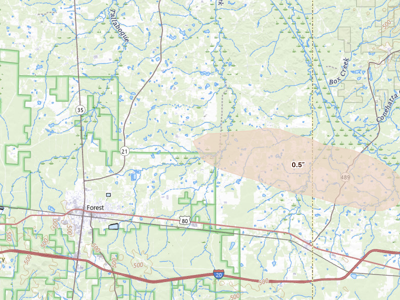Radar-estimated hail-size map of the storm over Forest, MS on Jun 22, 2026