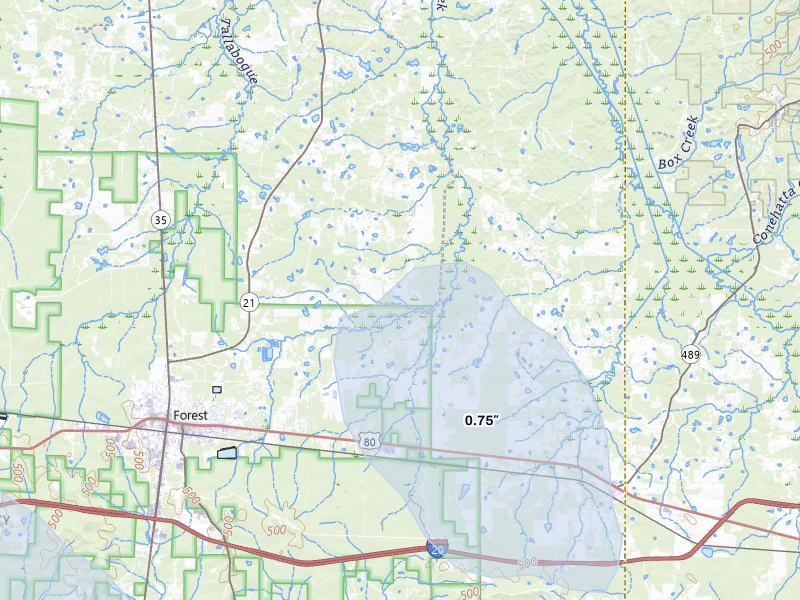 NEXRAD radar-signature map of the hail over Forest, MS