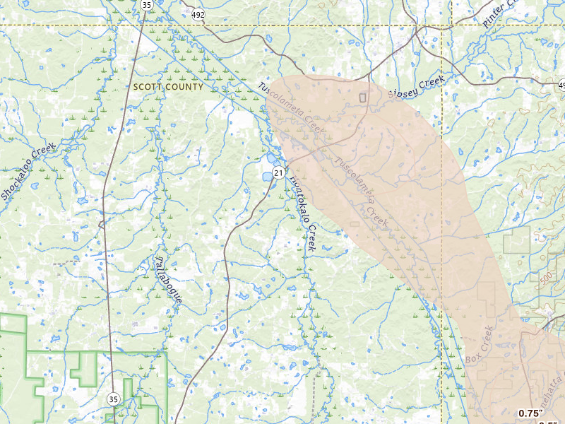 Radar-estimated hail-size map of the storm over Forest, MS on Aug 26, 2026