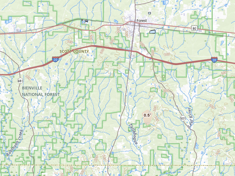 Radar-estimated hail-size map of the storm over Forest, MS
