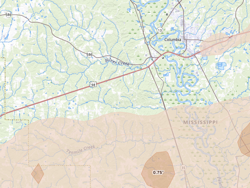 Radar-estimated hail-size map of the storm over Foxworth, MS on May 6, 2026