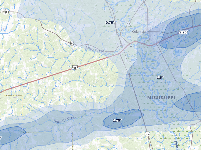 NEXRAD radar-signature map of the hail over Foxworth, MS