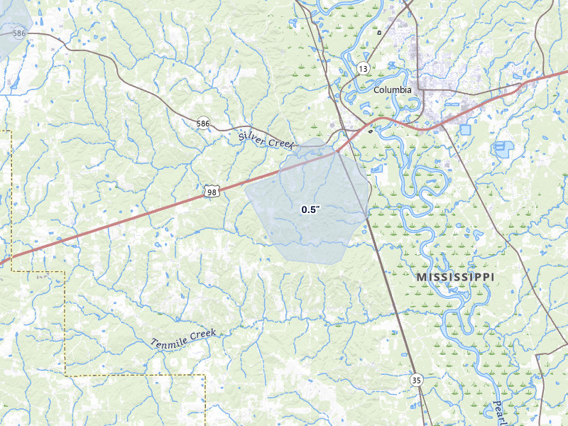 NEXRAD radar-signature map of the hail over Foxworth, MS