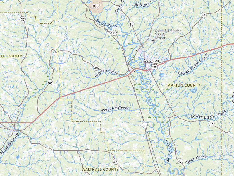 Radar-estimated hail-size map of the storm over Foxworth, MS on Jul 5, 2026