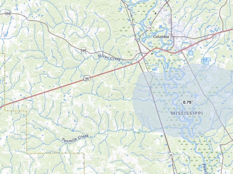 NEXRAD radar-signature map of the hail over Foxworth, MS