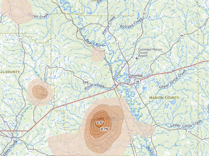 Radar-estimated hail-size map of the storm over Foxworth, MS on Aug 21, 2026
