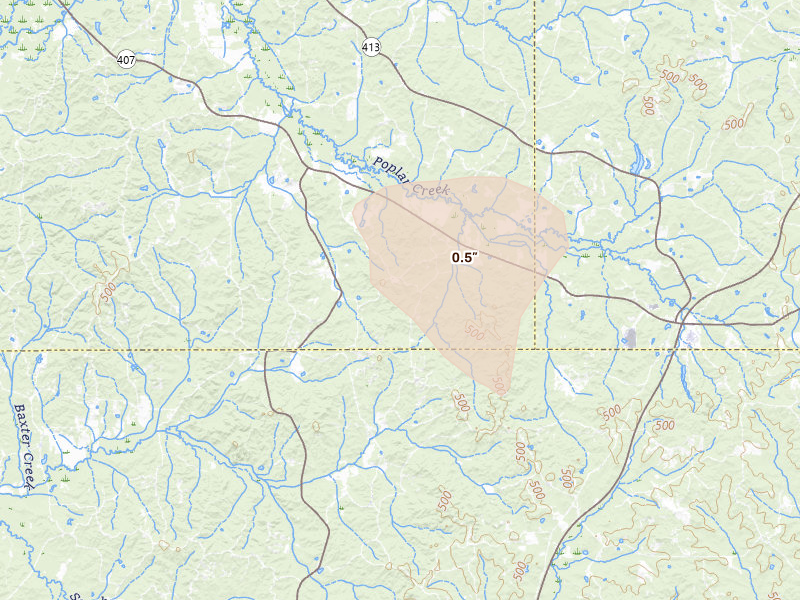 Radar-estimated hail-size map of the storm over French Camp, MS on Jun 19, 2026