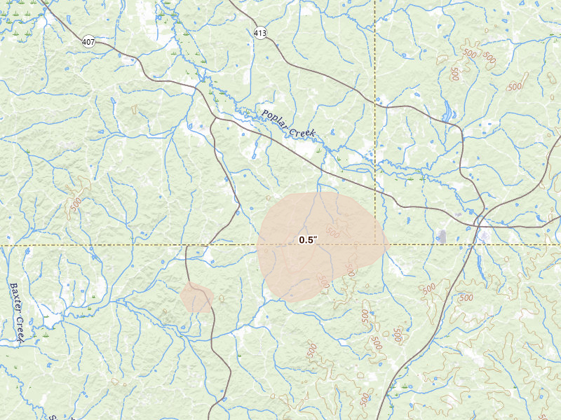 Radar-estimated hail-size map of the storm over French Camp, MS on Aug 19, 2026