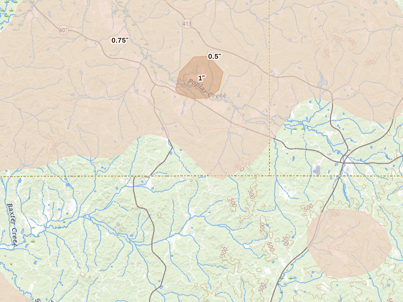 Radar-estimated hail-size map of the storm over French Camp, MS on Aug 20, 2026