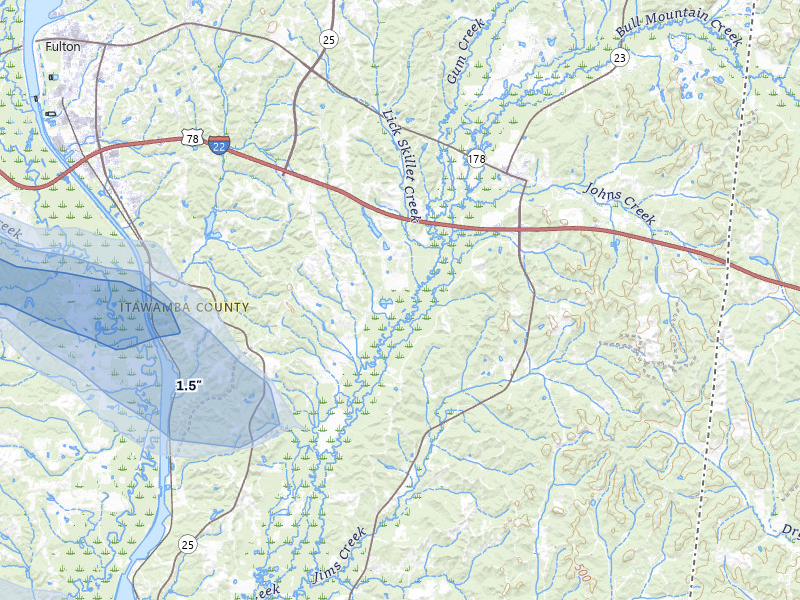 NEXRAD radar-signature map of the hail over Fulton, MS
