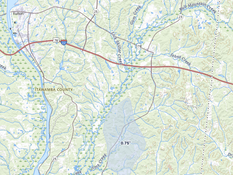 NEXRAD radar-signature map of the hail over Fulton, MS