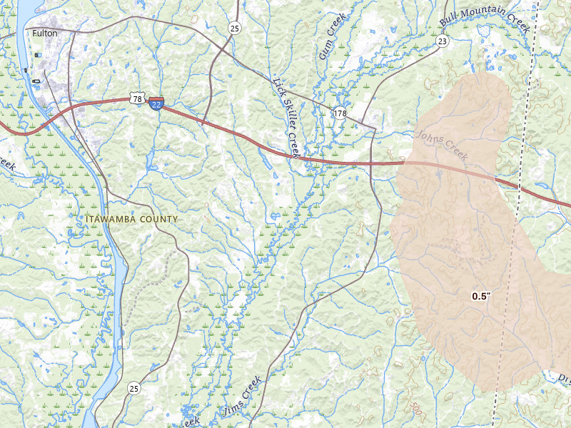 Radar-estimated hail-size map of the storm over Fulton, MS on Jun 1, 2026