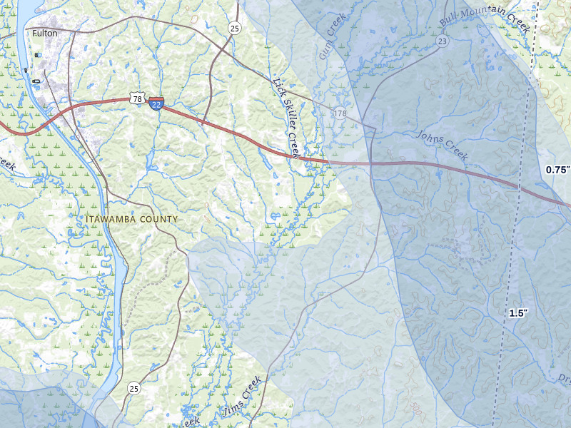 NEXRAD radar-signature map of the hail storm over Fulton, MS on Jun 1, 2026