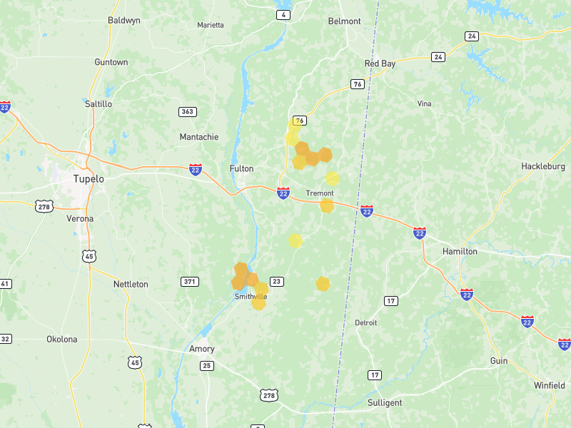 Hail map of Fulton, MS on Jun 1, 2026, hail up to 1.25"