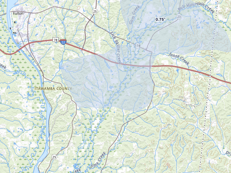 NEXRAD radar-signature map of the hail storm over Fulton, MS on Jul 1, 2026