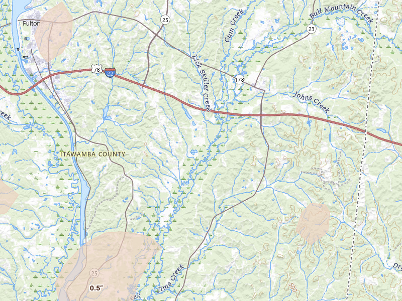 Radar-estimated hail-size map of the storm over Fulton, MS on Jul 3, 2026
