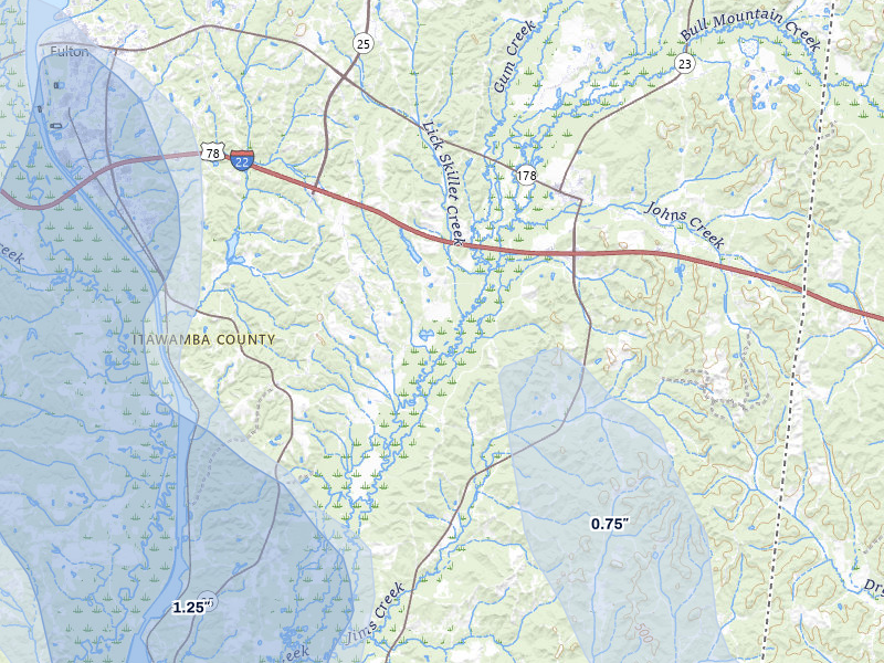 NEXRAD radar-signature map of the hail storm over Fulton, MS on Jul 3, 2026