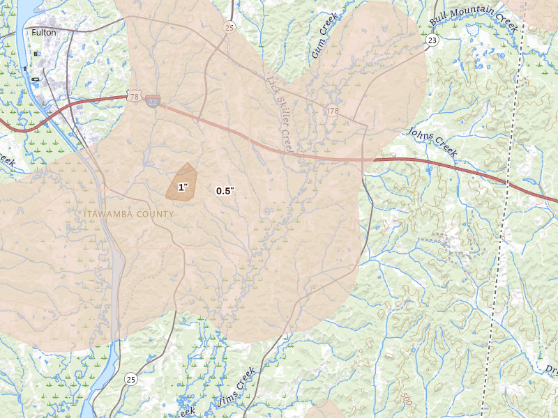 Radar-estimated hail-size map of the storm over Fulton, MS on Jul 9, 2026