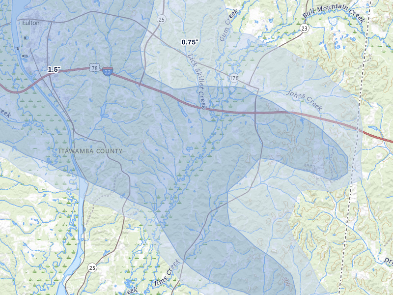 NEXRAD radar-signature map of the hail storm over Fulton, MS on Jul 9, 2026