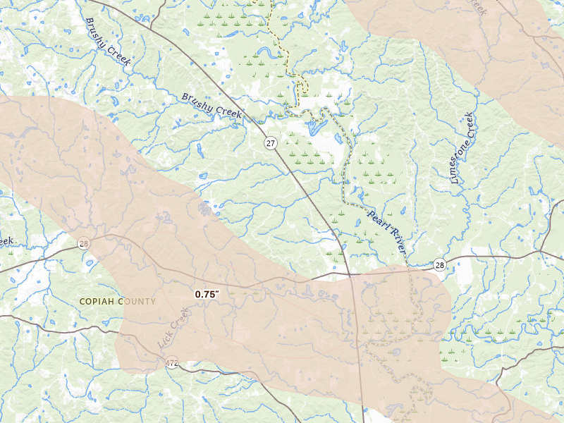Radar-estimated hail-size map of the storm over Georgetown, MS on Apr 24, 2026