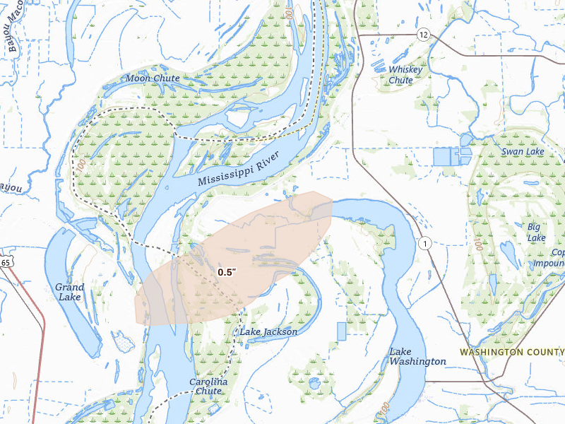Radar-estimated hail-size map of the storm over Glen Allan, MS on Apr 28, 2026