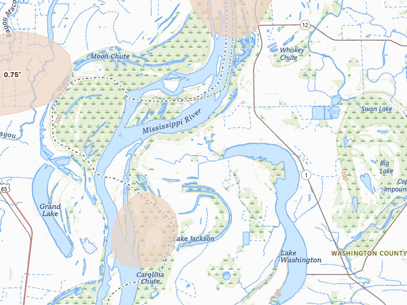 Radar-estimated hail-size map of the storm over Glen Allan, MS on Jul 8, 2026