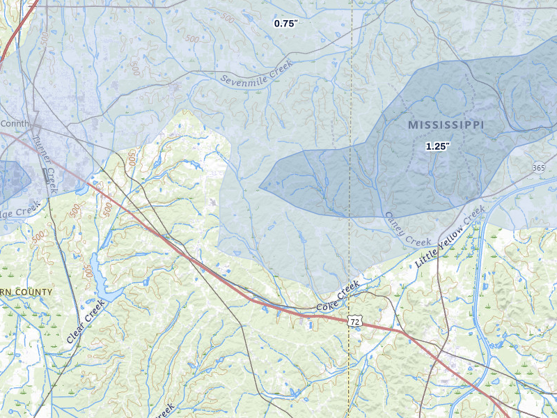 NEXRAD radar-signature map of the hail over Glen, MS