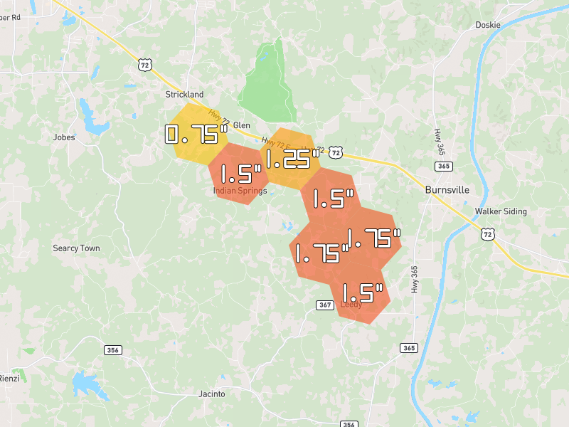 Hail map of Glen, MS on Jun 1, 2026, hail up to 1.75"